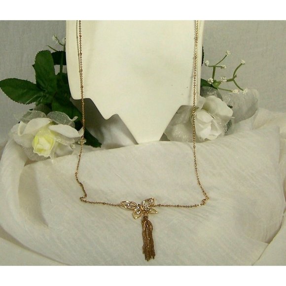 Lauren Conrad Butterfly Tassel Long Gold Tone Rhinestone Necklace 3D Open Work - Picture 5 of 6